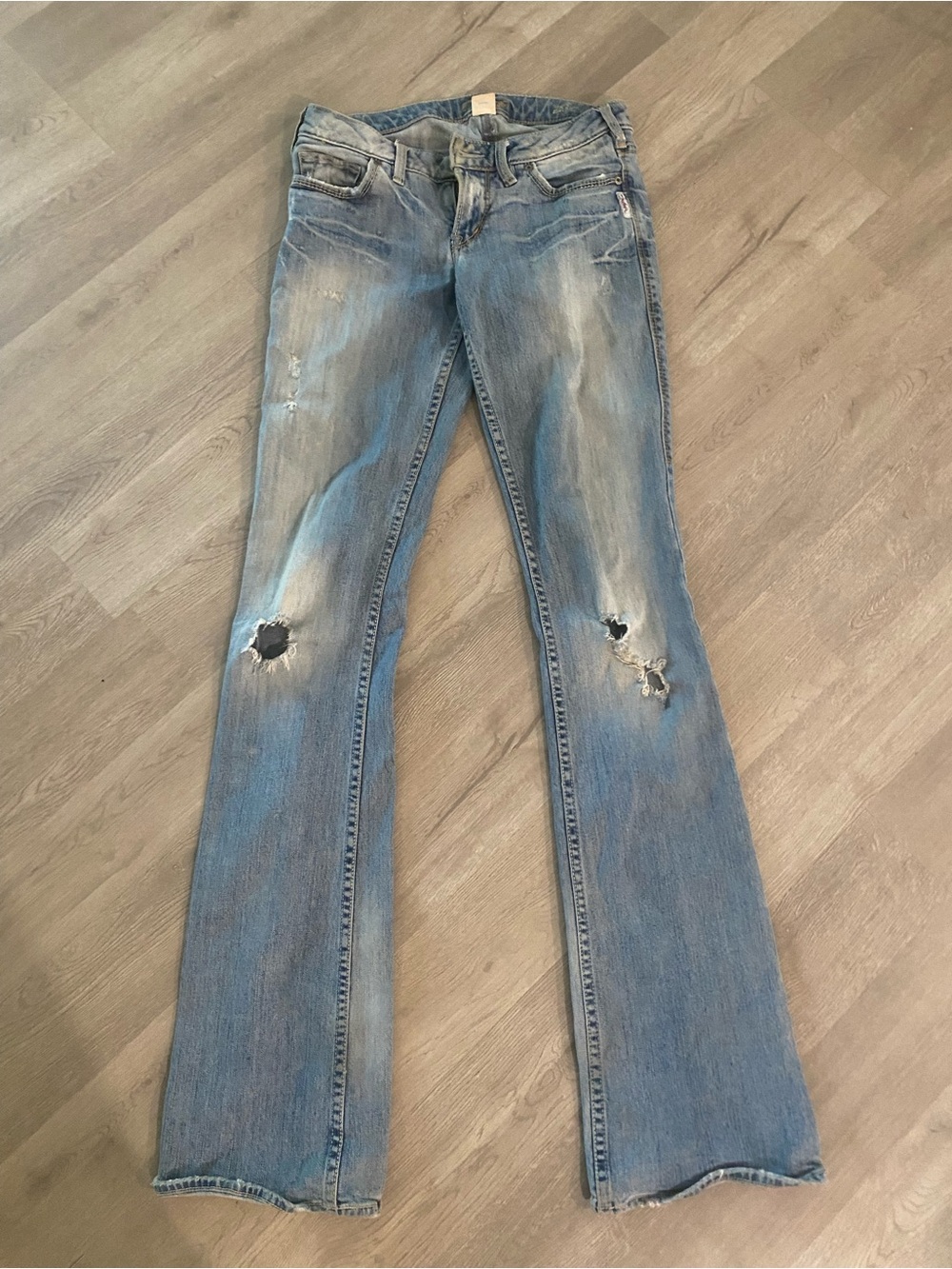 Silver Low Rise Distressed Light Boot Cut Jeans